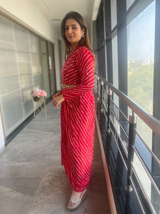 Leheriya Dhoti Skirt Top in Red - Preetibora