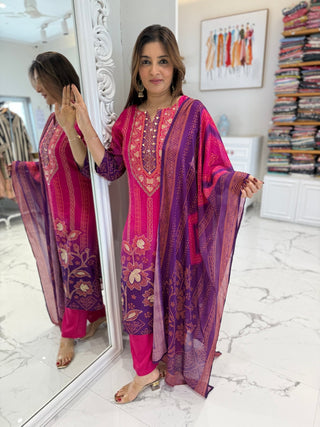 Pink and Purple Bandhej Set - Preetibora