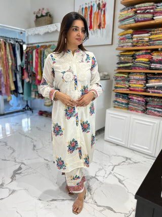 Rosy Off White Shoulder Lace Palazzo Set - Preetibora