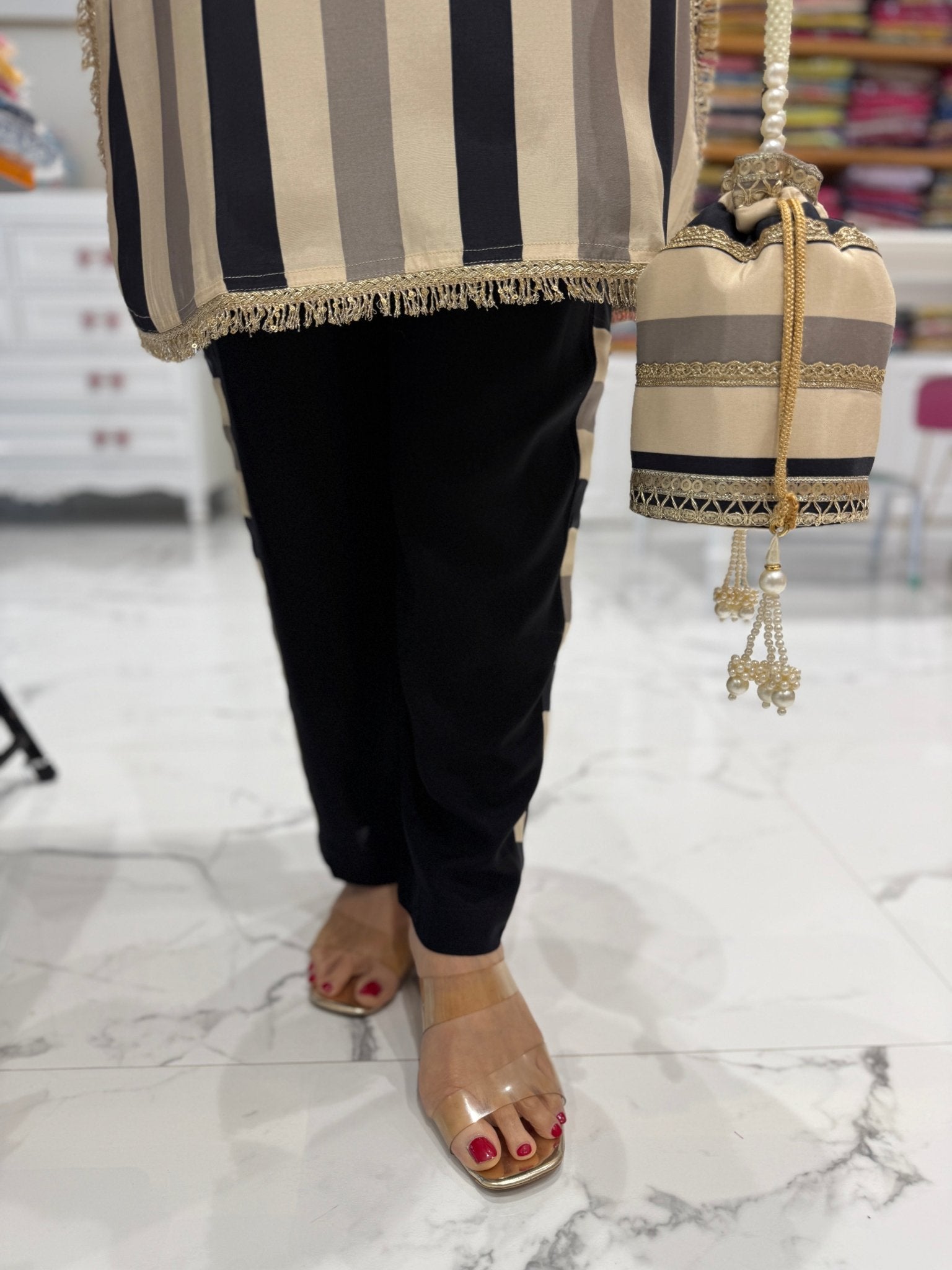 Striped Potli Coord in Pure Muslin - Main Image