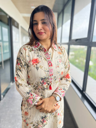 Autumn Bloom with Floral Thread Embroidery - Preetibora