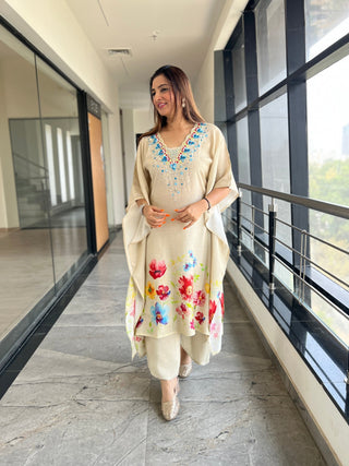 Beige Digital Print Kaftan Coord With Pearls - Preetibora