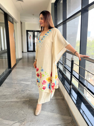 Beige Digital Print Kaftan Coord With Pearls - Preetibora