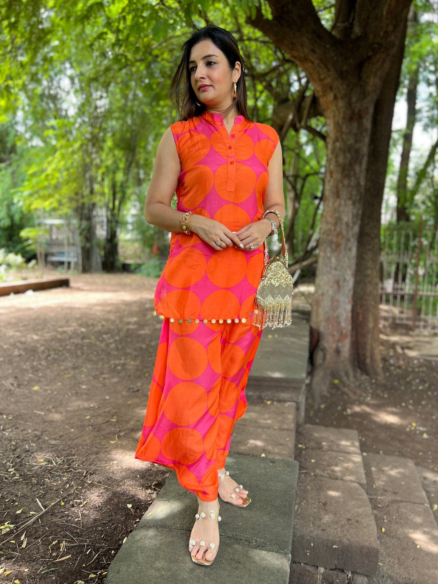 Cowl and Gold Coin Work Coord in Muslin Silk