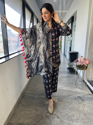 Denim Coin Kaftan Coord Set. - Preetibora