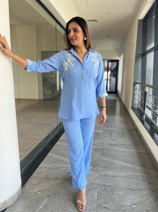 English Blue Pearl Work Coord Set - Preetibora