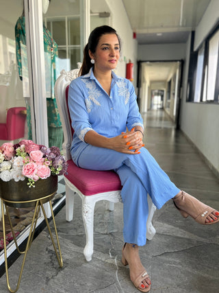English Blue Pearl Work Coord Set - Preetibora