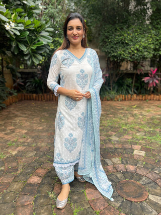 Floral Block Print Afghani Suit Set - Preetibora