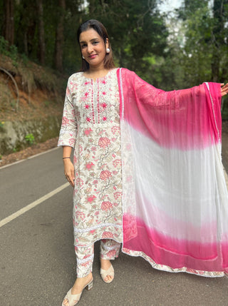 Floral Block Printed Mirror and Lace Dupatta Set - Preetibora