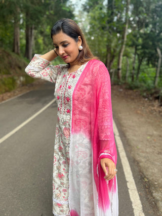 Floral Block Printed Mirror and Lace Dupatta Set - Preetibora