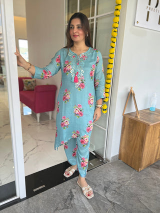 Floral Print Coord Set With Mirror Embroidery