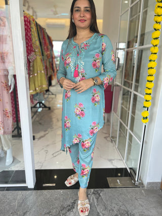 Floral Print Coord Set With Mirror Embroidery