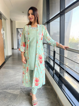 Floral Print Mirror Work Jacket Set - Preetibora