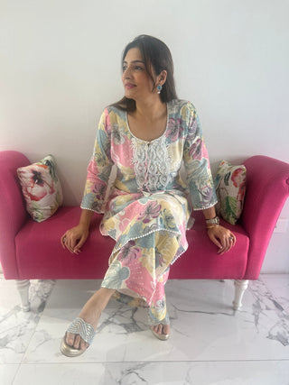 Floral Smart Casual White Sequin Palazzo Pant Set - Preetibora