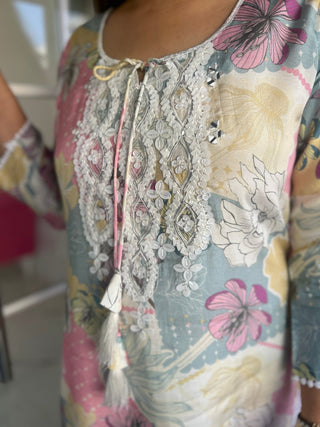 Floral Smart Casual White Sequin Palazzo Pant Set - Preetibora