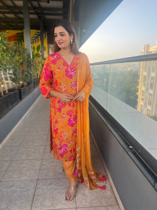Floral Sparkle Suit Set in Pure Muslin - Preetibora
