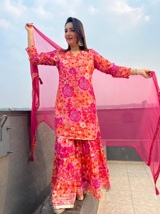 Hot Pink Floral Sharara Set - Preetibora