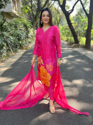 Hot Pink Placement Dupatta Set - Preetibora