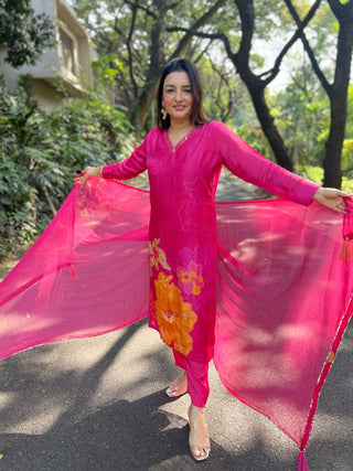 Hot Pink Placement Dupatta Set - Preetibora