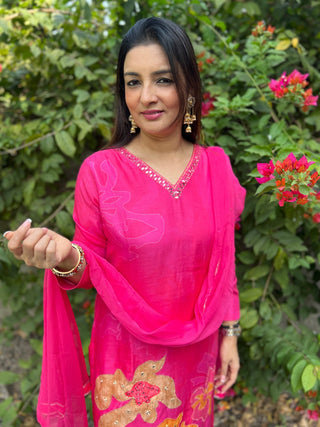 Hot Pink Placement Dupatta Set - Preetibora