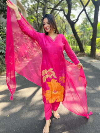 Hot Pink Placement Dupatta Set - Preetibora