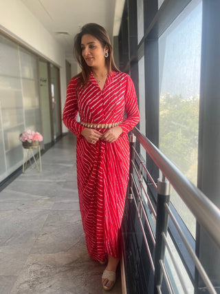 Leheriya Dhoti Skirt Top in Red - Preetibora