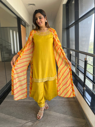 Leheriya Jacket Set with Cowl Pants - Preetibora