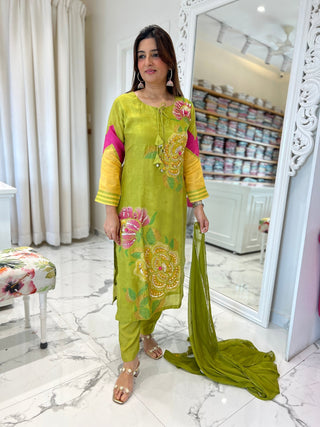 Mehndi Green Placement Dupatta Set - Preetibora