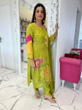Mehndi Green Placement Dupatta Set - Preetibora