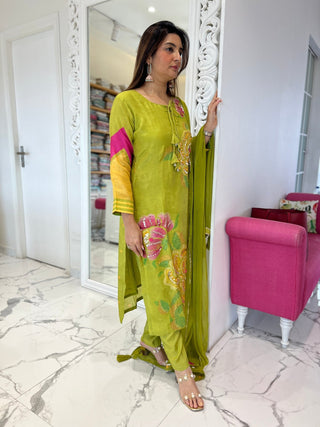 Mehndi Green Placement Dupatta Set - Preetibora