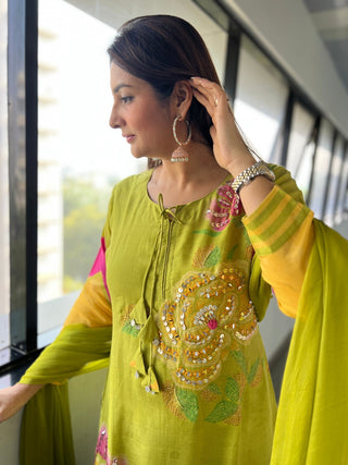 Mehndi Green Placement Dupatta Set - Preetibora